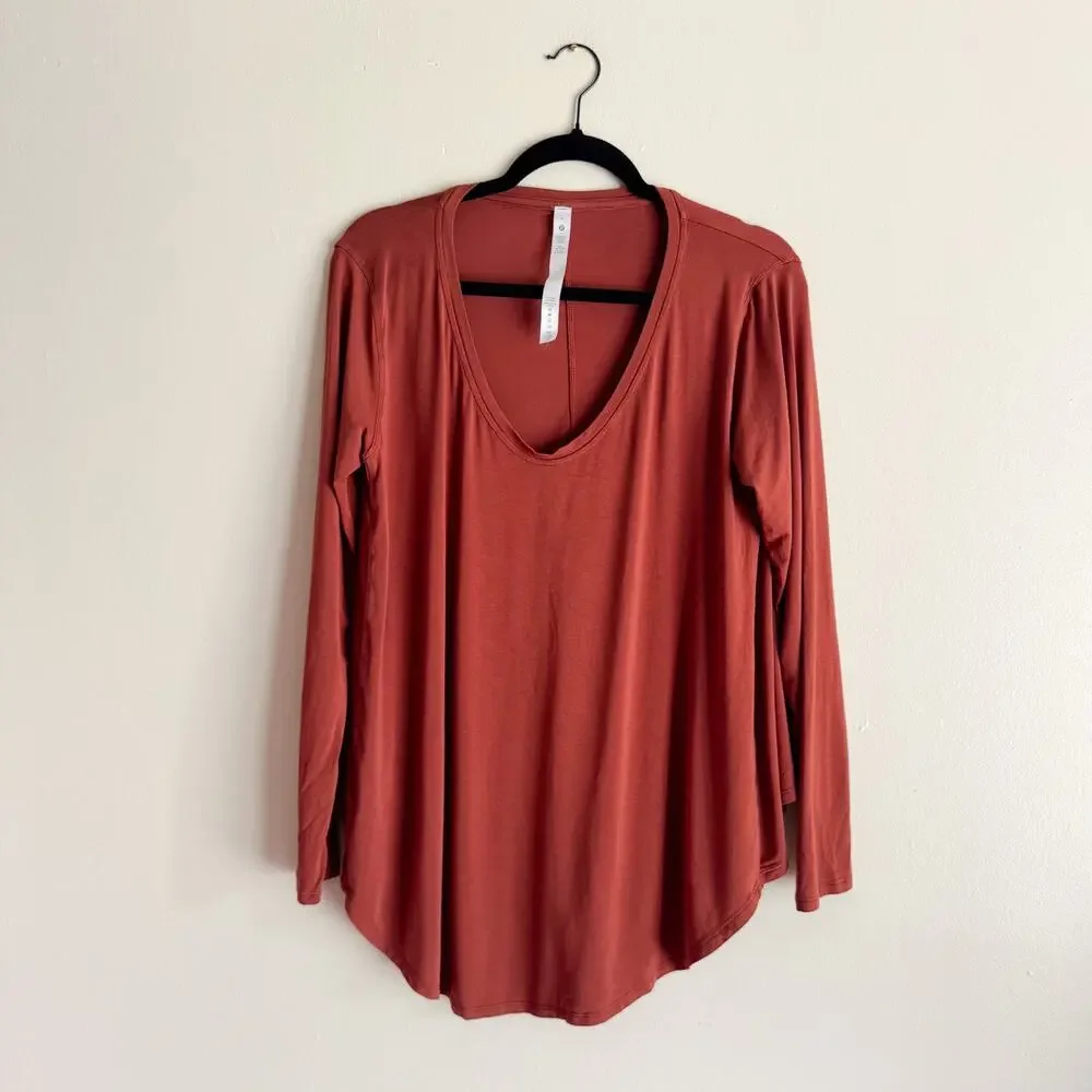 Lululemon Dark Terracotta Orange Red Up for Down Time Long Sleeve V Neck Top 8